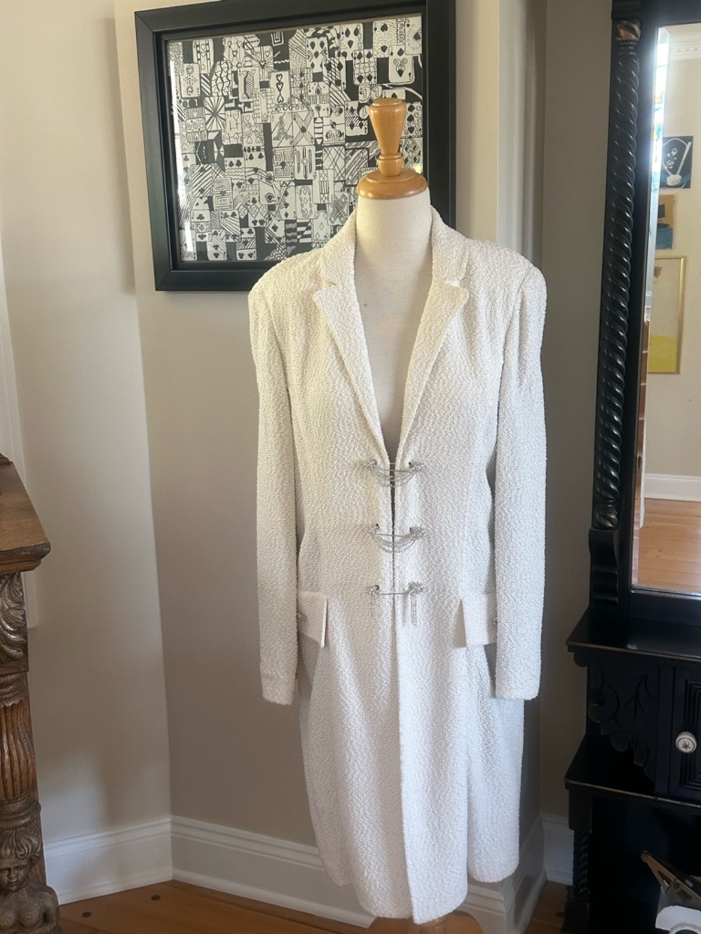 Vintage St John Elegant Evening Coat White Textured with Decorative Clasps